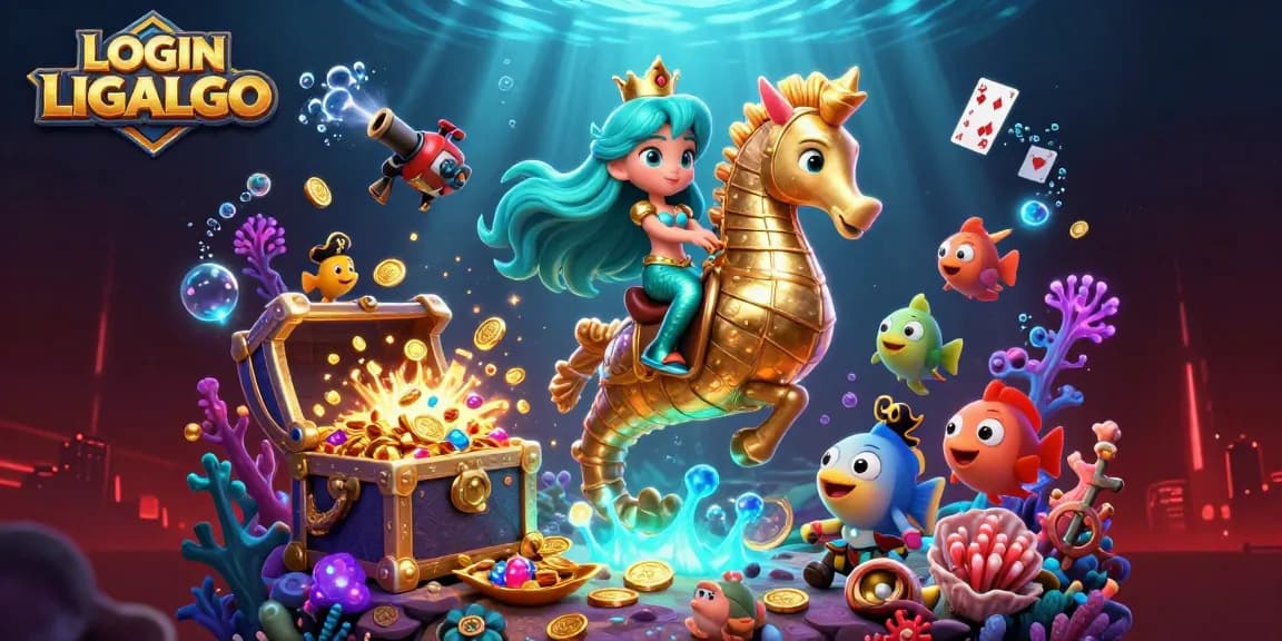 Engage in thrilling gameplay with LOGIN LIGALGO, featuring a vibrant 3D scene of a mermaid princess and magical underwater elements.