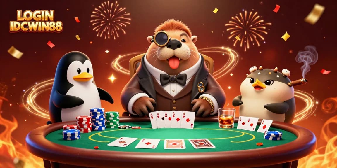 Play exciting games with LOGIN IDCWIN88 at an underwater poker table featuring charming characters.