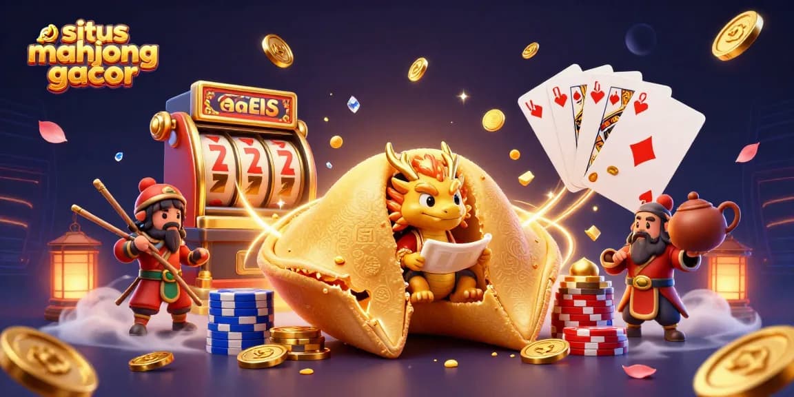 Engage with the thrilling situs mahjong gacor scene featuring a giant fortune cookie and mystical treasures.