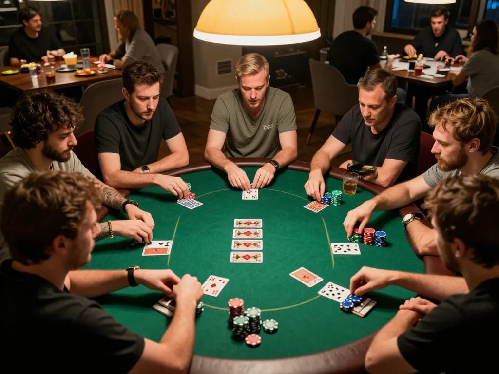 Players enjoying an intense poker game night at home showcasing strategies, chips, and camaraderie, keonhacai 5