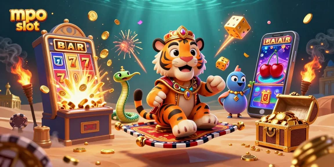 Experience the excitement of mpo slot with a vibrant 3D illustration of a sultan on a magical carpet amid casino symbols.