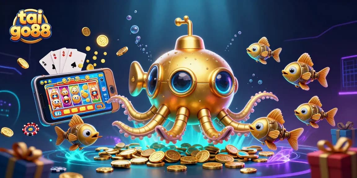 Engage with the exciting world of tai go88 through vibrant 3D casino imagery featuring a kraken submarine and game elements.