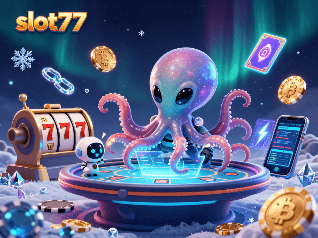 Win big with slot777 featuring an alien octopus and holographic slot table in a cosmic setting.