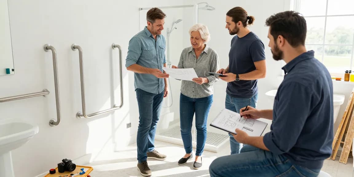 Renovation team enhancing 安家 with accessible bathroom features for seniors.