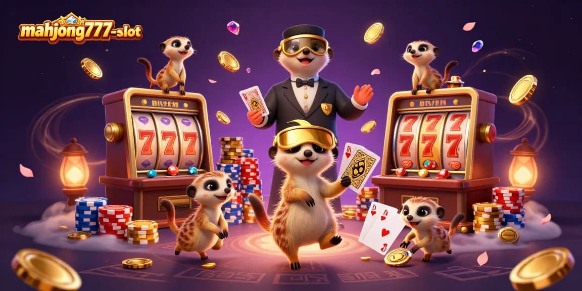Engage with mahjong777-slot's vibrant gaming scene featuring meerkats operating a casino with exciting slot elements.