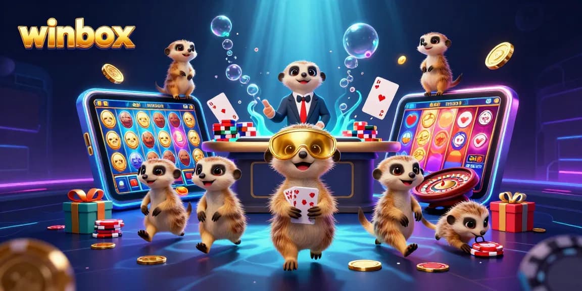 Winbox brings excitement to gaming with engaging meerkat characters in a vibrant casino scene.