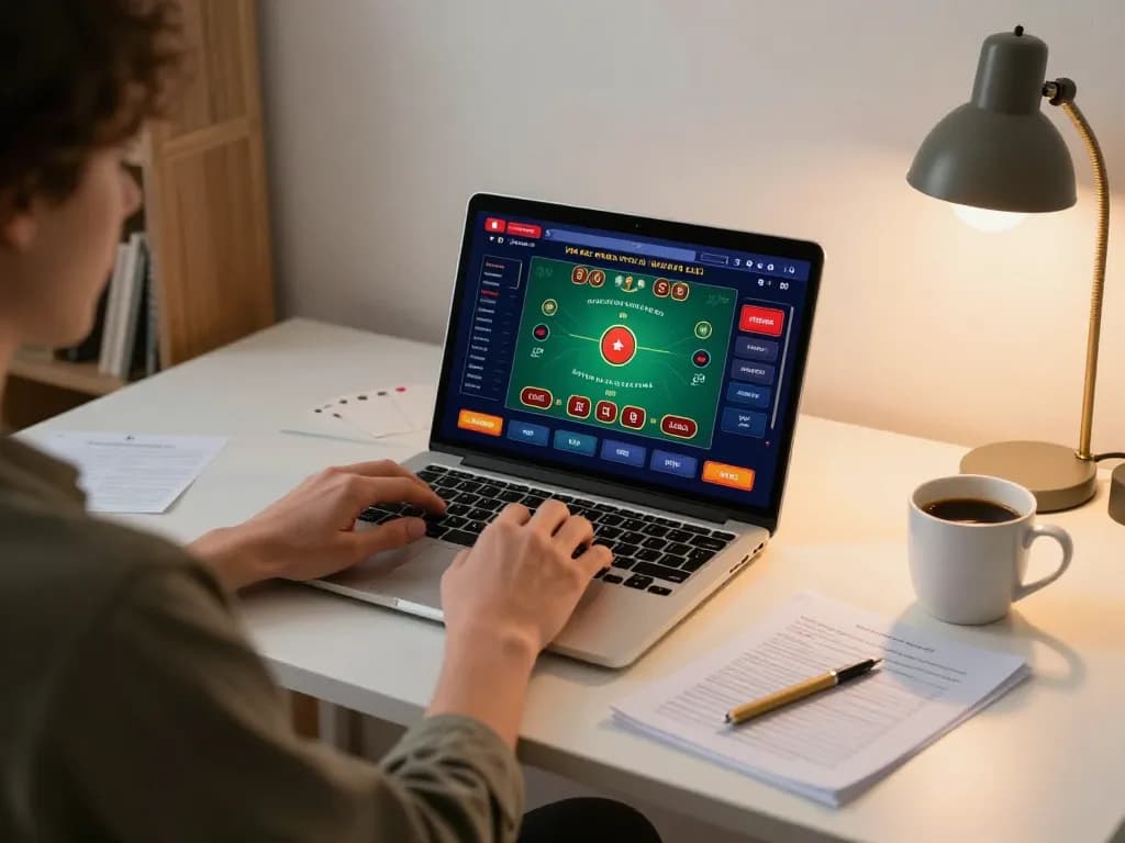 Enjoying keonhacai 5 gameplay at home with blackjack strategy notes and laptop