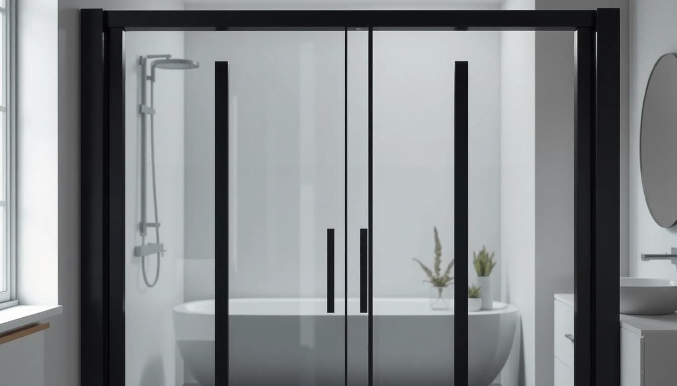 Showcase of a stunning black shower door black frame in a modern bathroom with minimalistic decor.