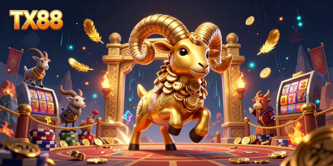 TX88 energizes the gaming scene with a golden ram charging through a vibrant casino battle arena.