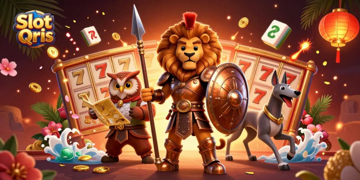 Slot Qris features a vibrant scene with a Spartan lion, tactical owl, and greyhound amidst slot reels and festive decorations.