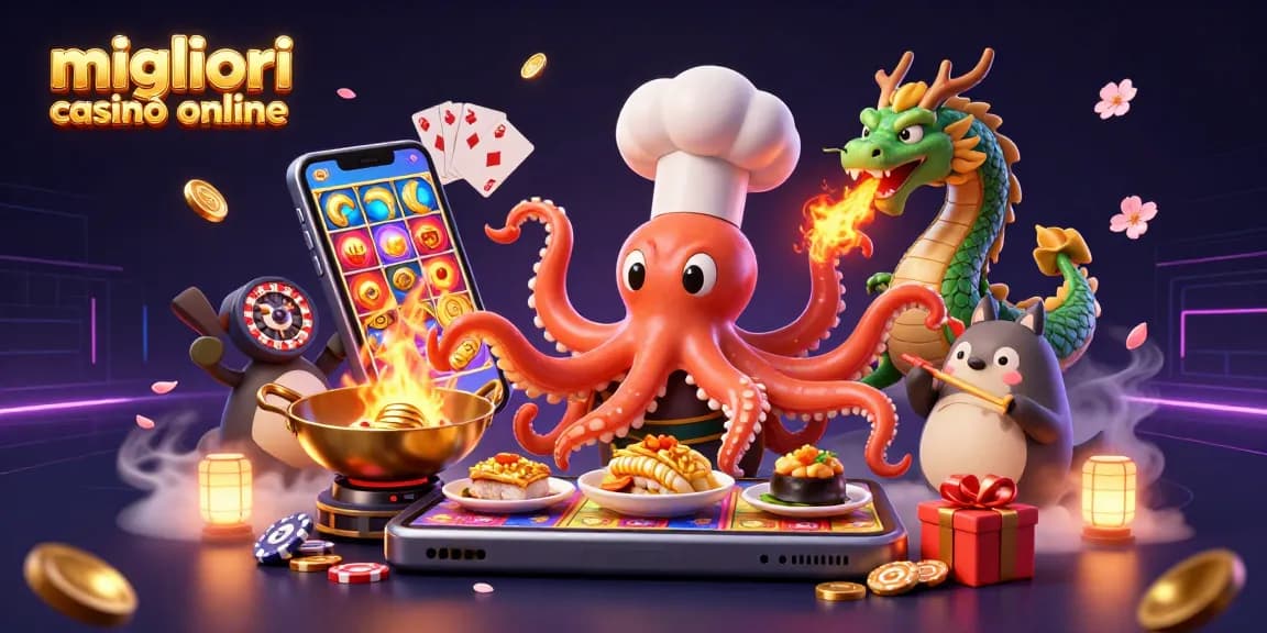 Scopri le migliori opzioni di gioco nei migliori casinò online con un chef polpo, un drago e un tanuki.