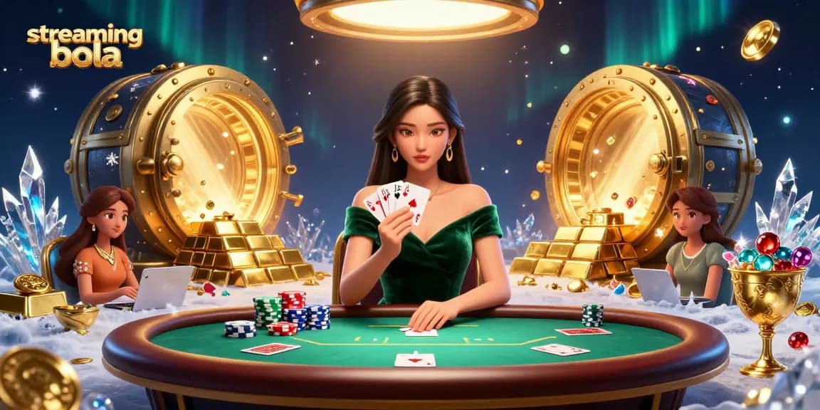 Experience streaming bola with an elegant woman at a luxury poker table surrounded by treasures.