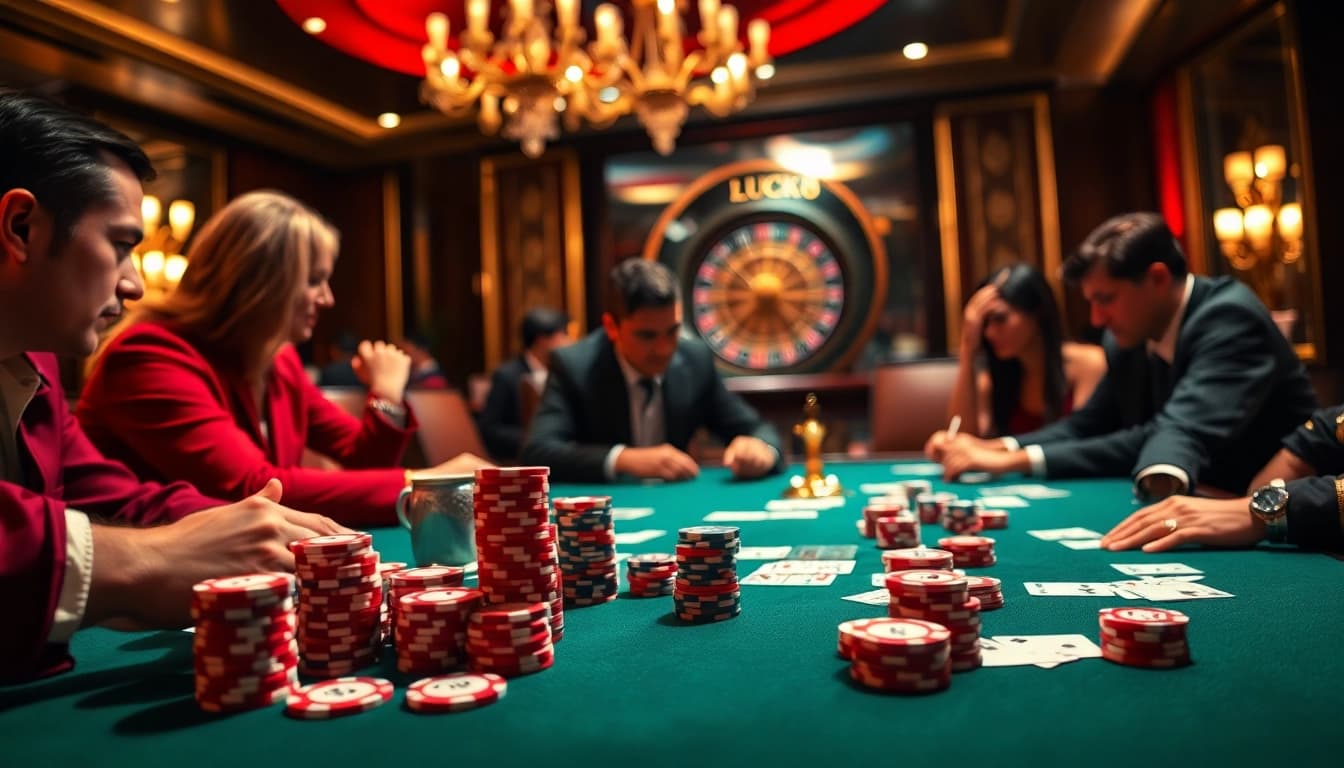 Những đồng chip mang thương hiệu LUCK8 tăng thêm sự phấn khích cho một ván poker cược cao tại một casino sang trọng.