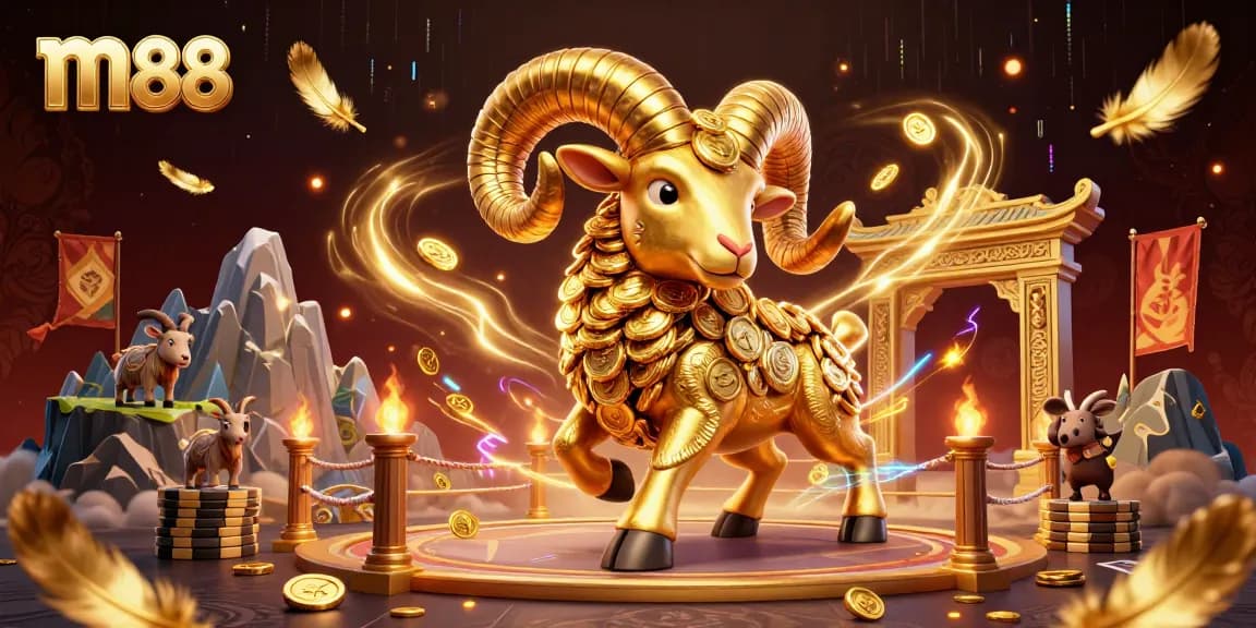 Experience thrilling m88 betting action with a dynamic golden ram and vibrant casino elements.