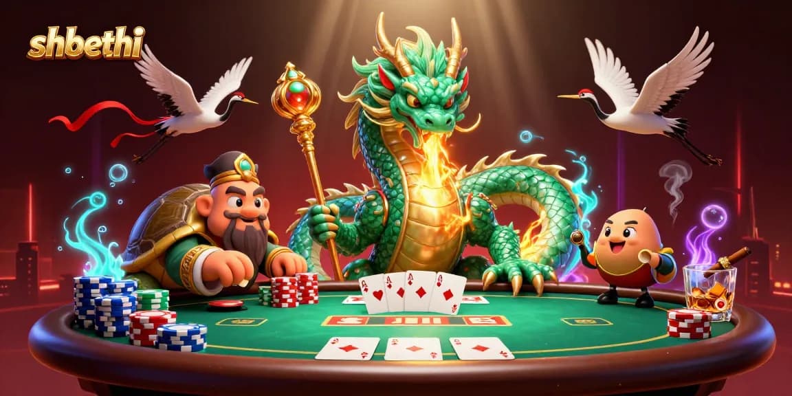 Experience thrilling poker action with shbethi, featuring a majestic dragon and vibrant game elements.
