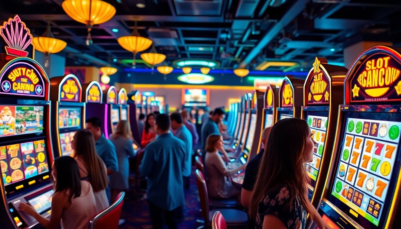 Menangkan permainan di slot depo 1k dengan mesin slot yang berwarna-warni dan ramai pemain.