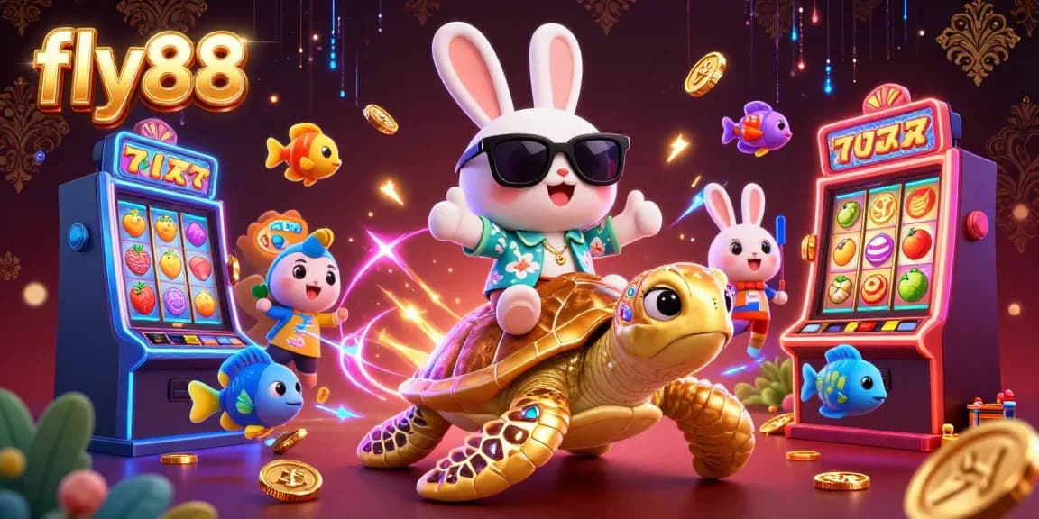 Engaging scene of fly88 with a lucky rabbit and golden turtle amidst dynamic slot machine elements.