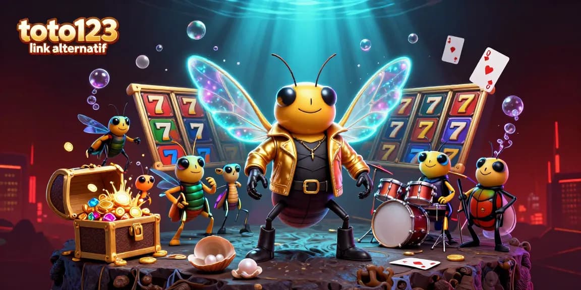 A dazzling scene featuring the toto123 link alternatif brand with a cicada rock star and playful slot game elements.
