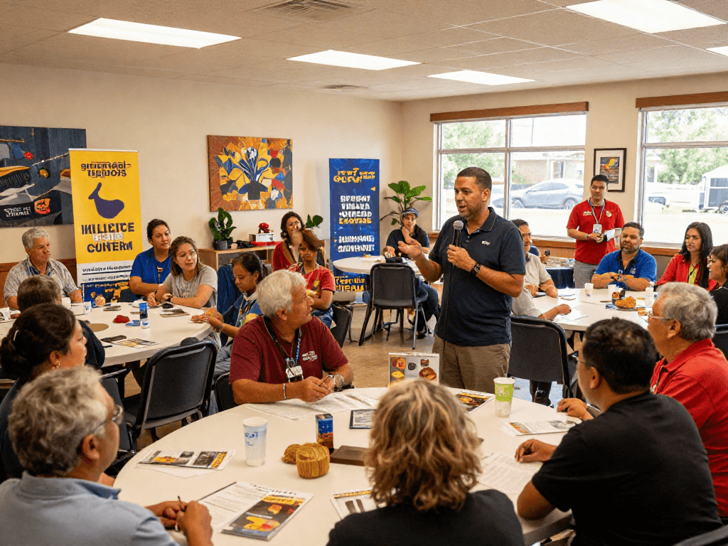 Candidate removing negative news about voters during a town hall meeting, engaging with community members.