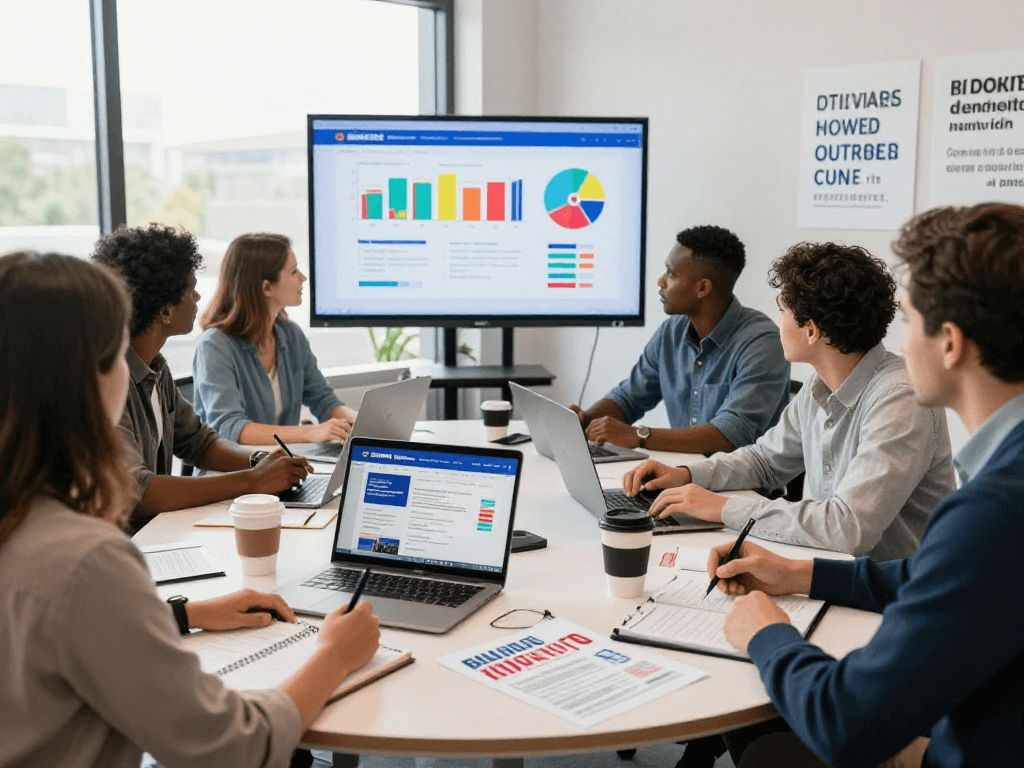 Email marketing for candidates team collaboration in modern office, showcasing campaign strategies and vibrant data.