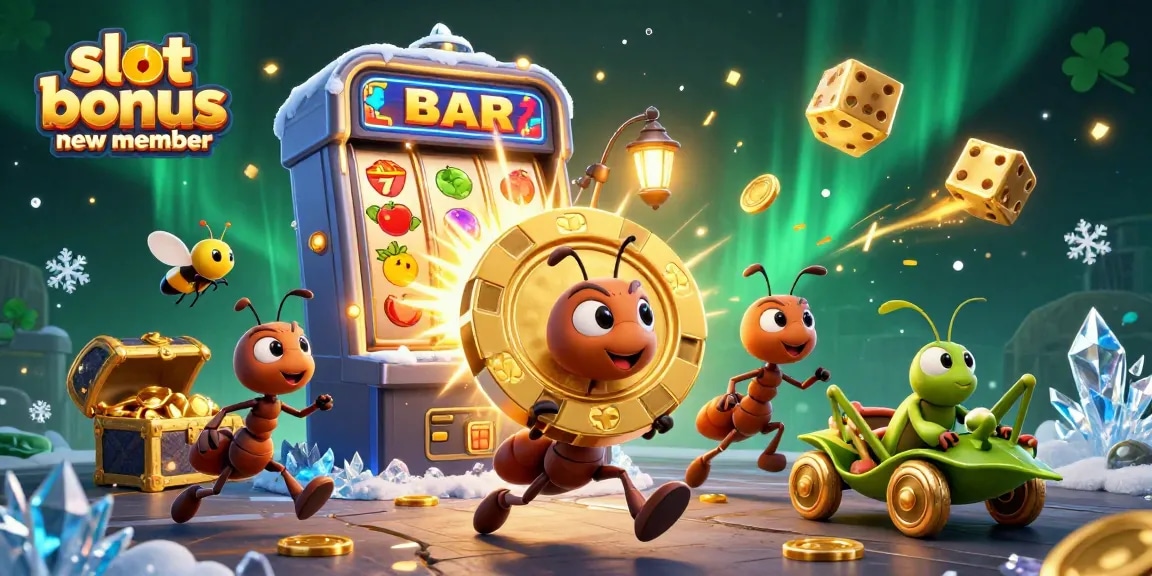Experience the excitement of slot bonus new member with ants carrying a giant poker chip!