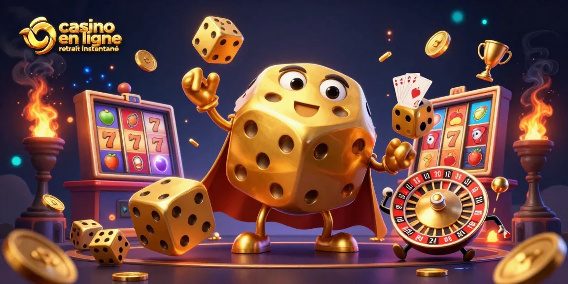 Jouer au casino en ligne retrait instantané avec des personnages de dés et éléments de jeux dynamiques.