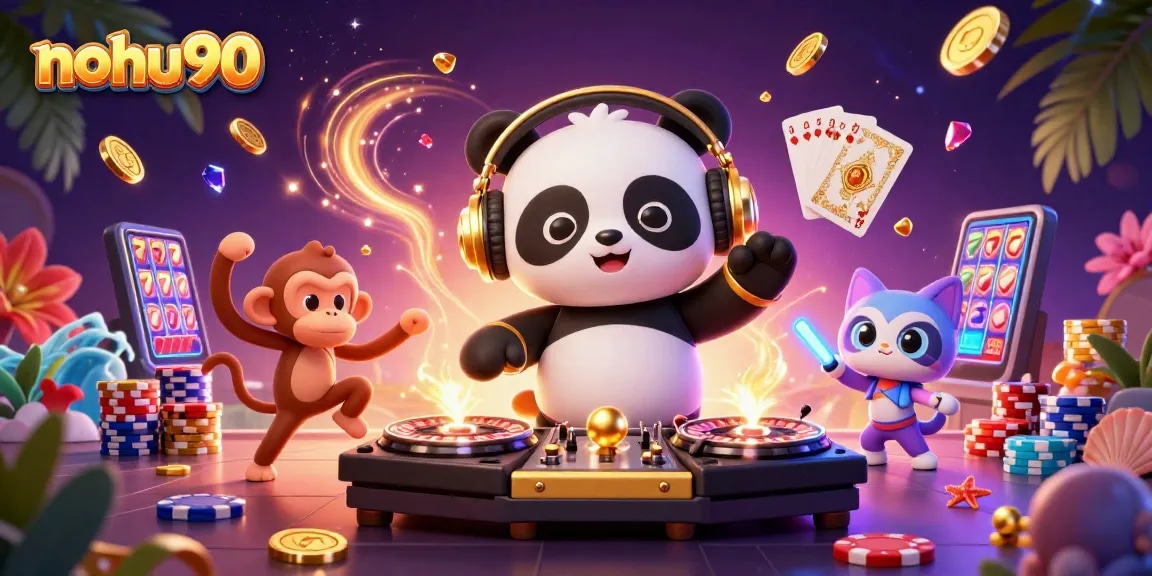 Nohu90 engaging in vibrant casino fun with a DJ panda, breakdancing monkey, and rave kitten.