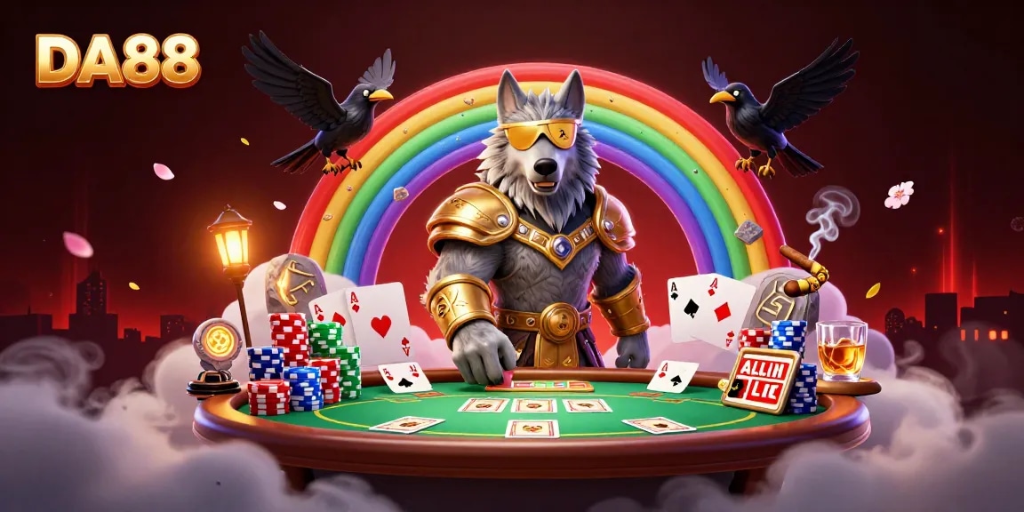 Engage in thrilling casino gameplay with DA88 characters amidst vibrant poker elements.