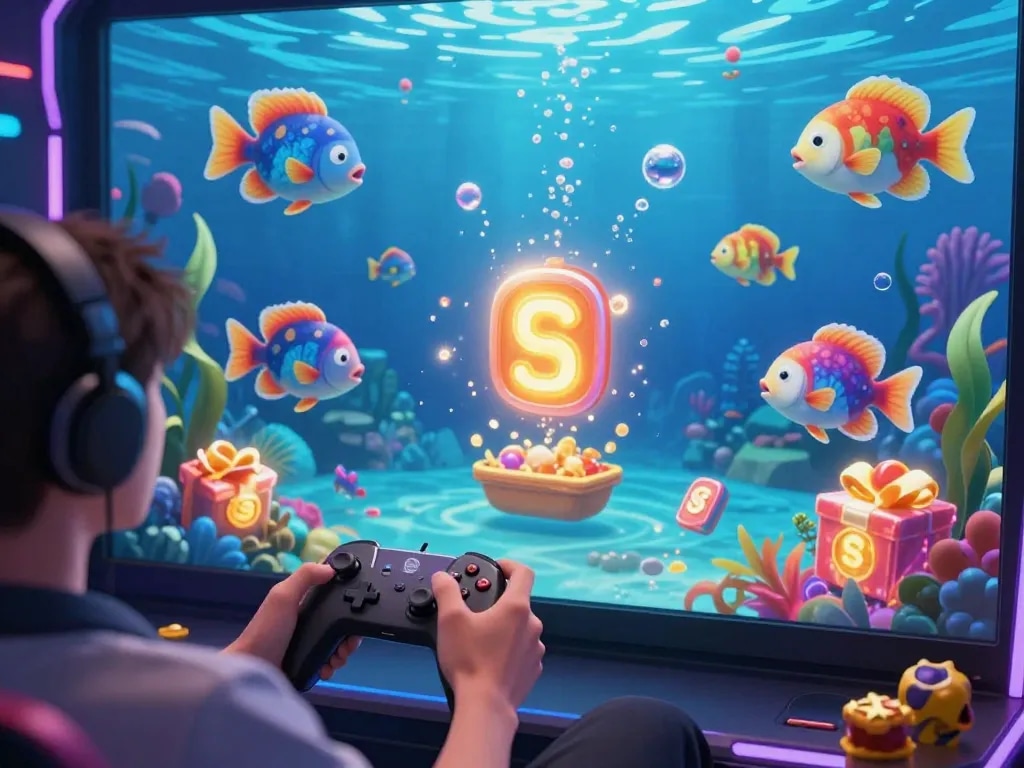 Bắn cá hubet88 thrilling underwater game scene with colorful fish and treasures.