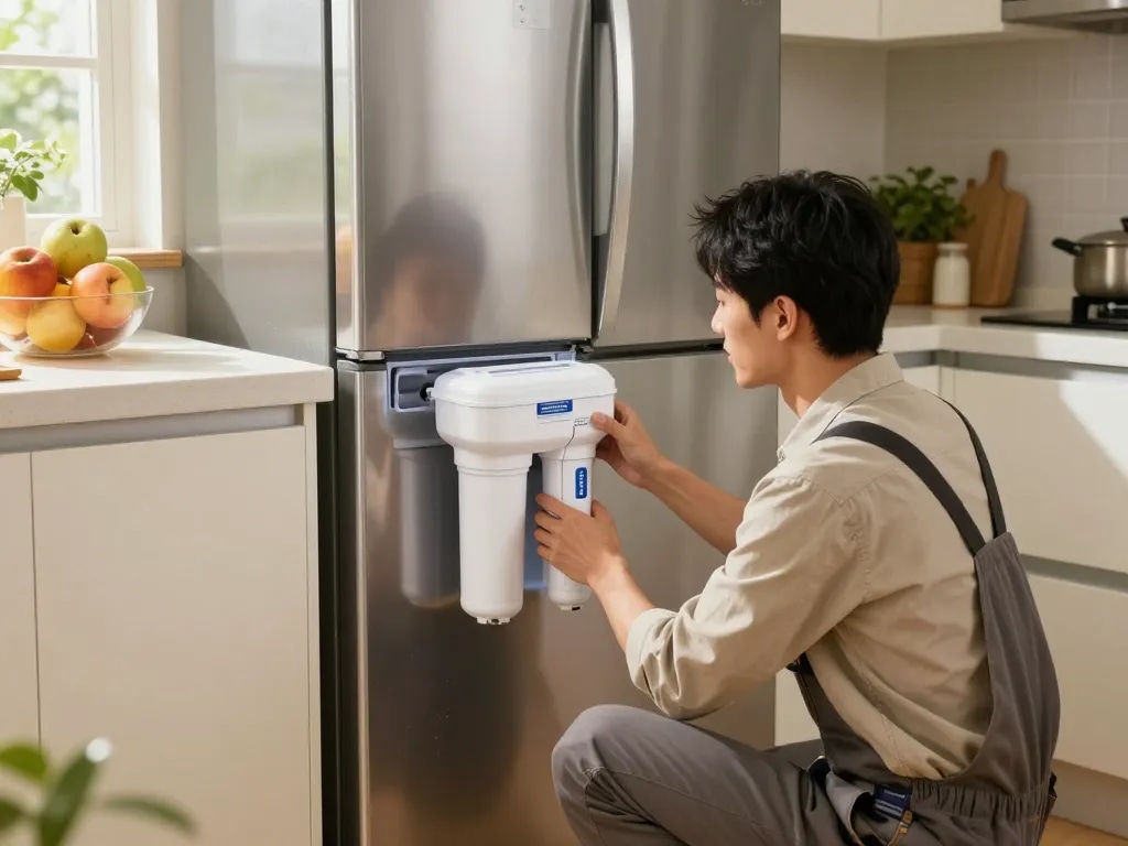 Installing Filterlogic DA97-17376B Replacement for Samsung® HAF-QIN in a modern kitchen setting.