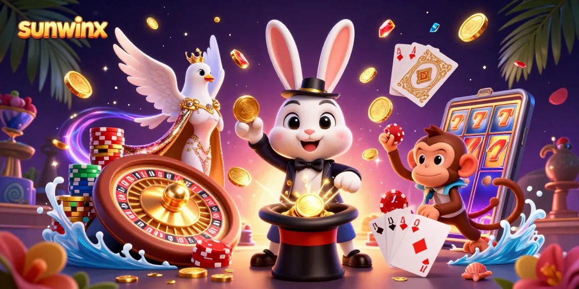Experience thrilling moments with sunwinx as a magician rabbit pulls coins from a hat in a vibrant casino scene.