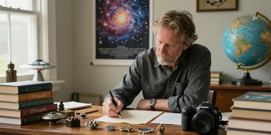 T. Allen Greenfield's writing space with books on UFOs and spirituality, representing https://tallengreenfield.com.