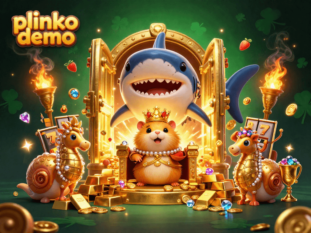 Experience the excitement of a plinko demo with a golden hamster king throne surrounded by jewels and slot elements.