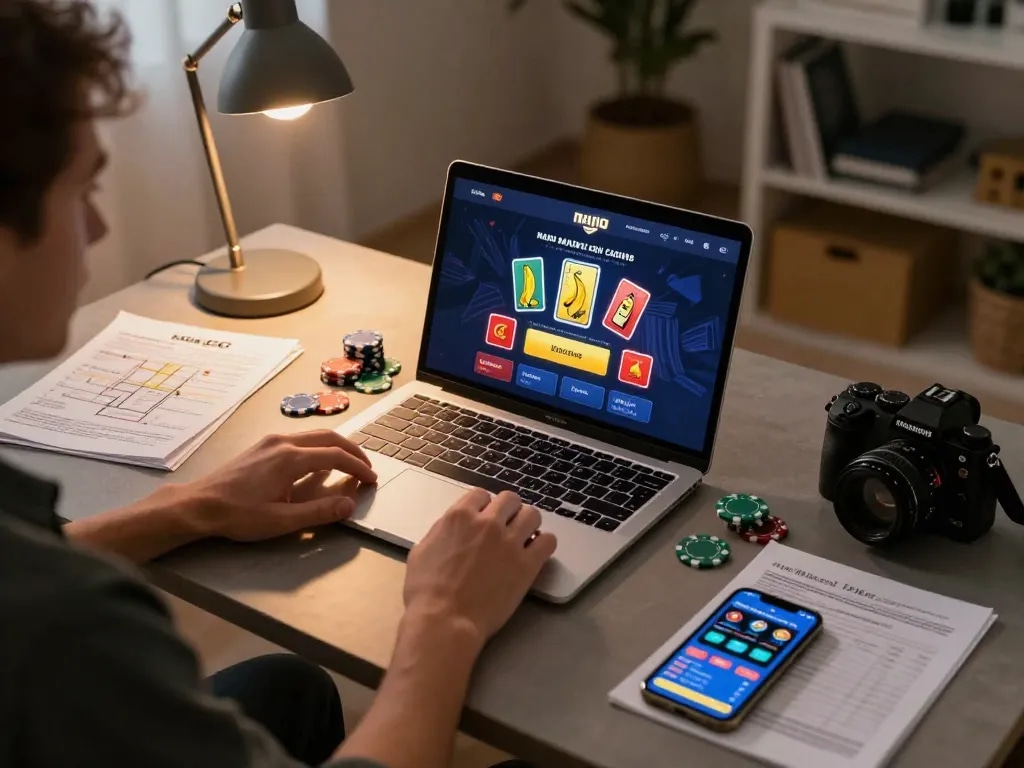 Player utilizing the nano banana flash app for online gaming, chips and cards visible in vibrant home setup.