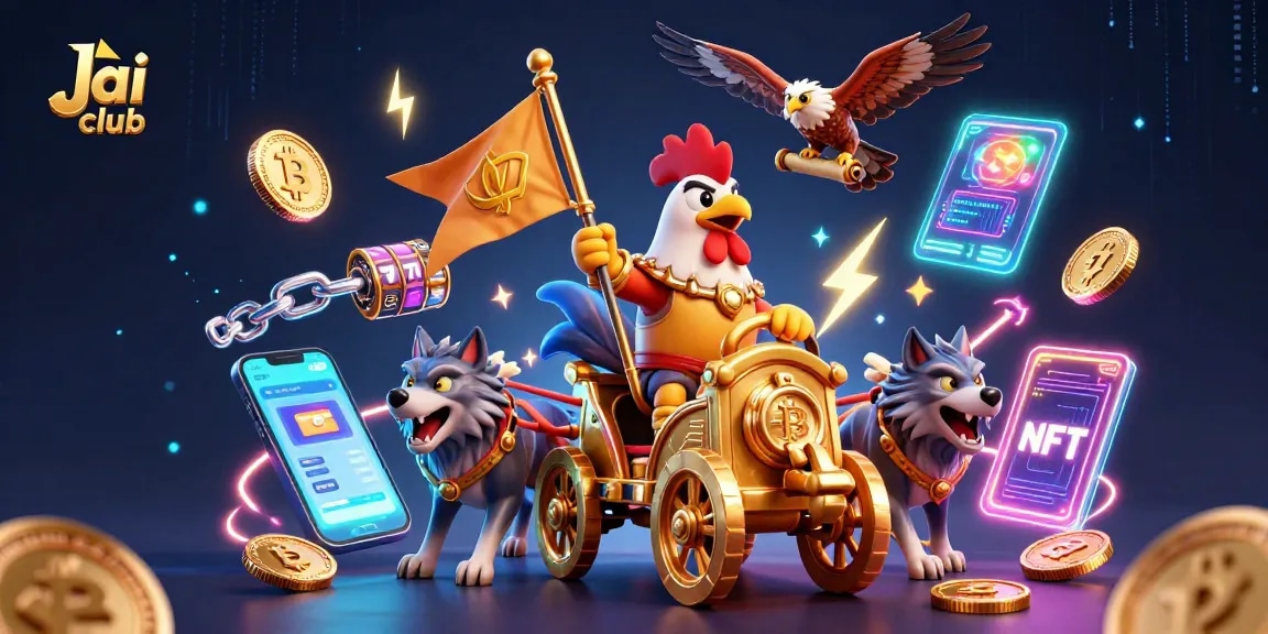 Engage with Jai club's vibrant 3D casino scene depicting a rooster warlord and crypto elements.