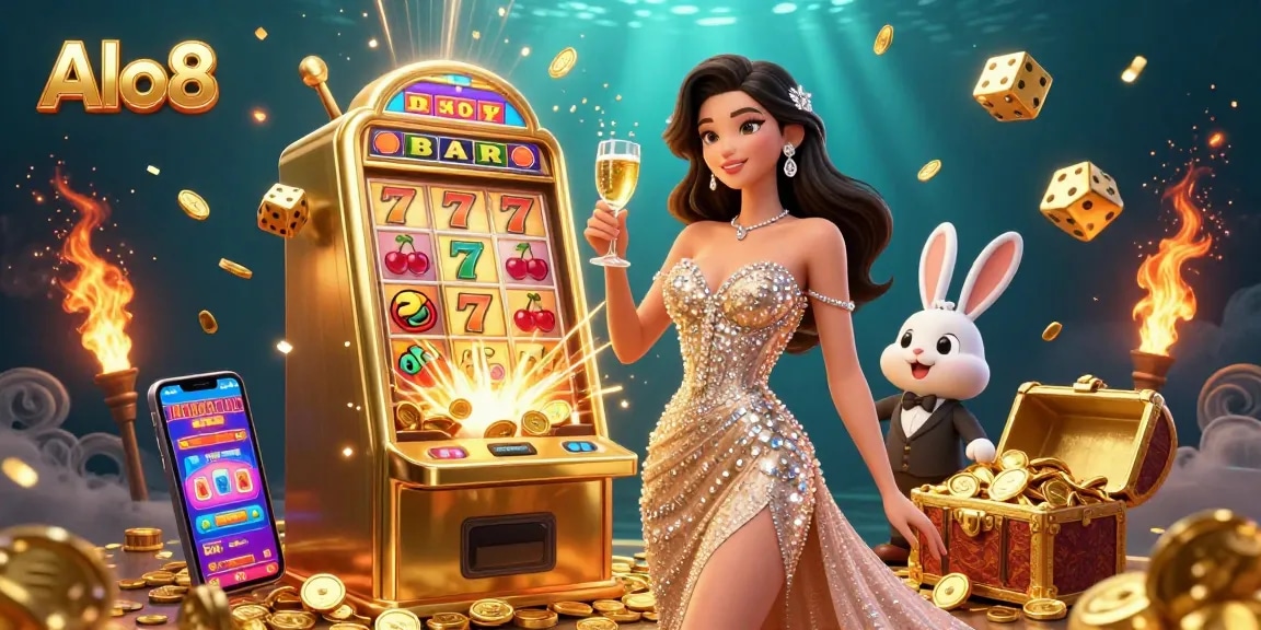 Alo8 engages players with a glamorous woman celebrating a slot jackpot in a vibrant casino scene.