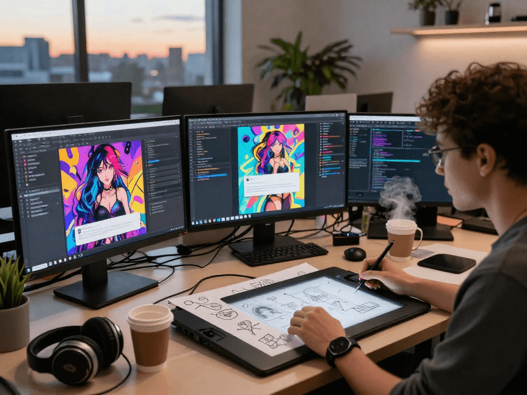 Engaging scene of an artist designing a hentai AI chat application, showcasing creativity and technology beautifully integrated.