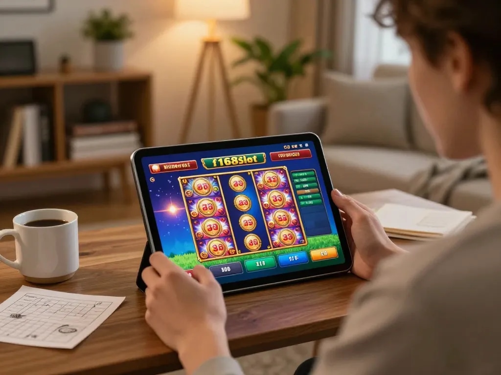 Engaging with f168slot platform on tablet in a cozy living room for responsible gaming experience.