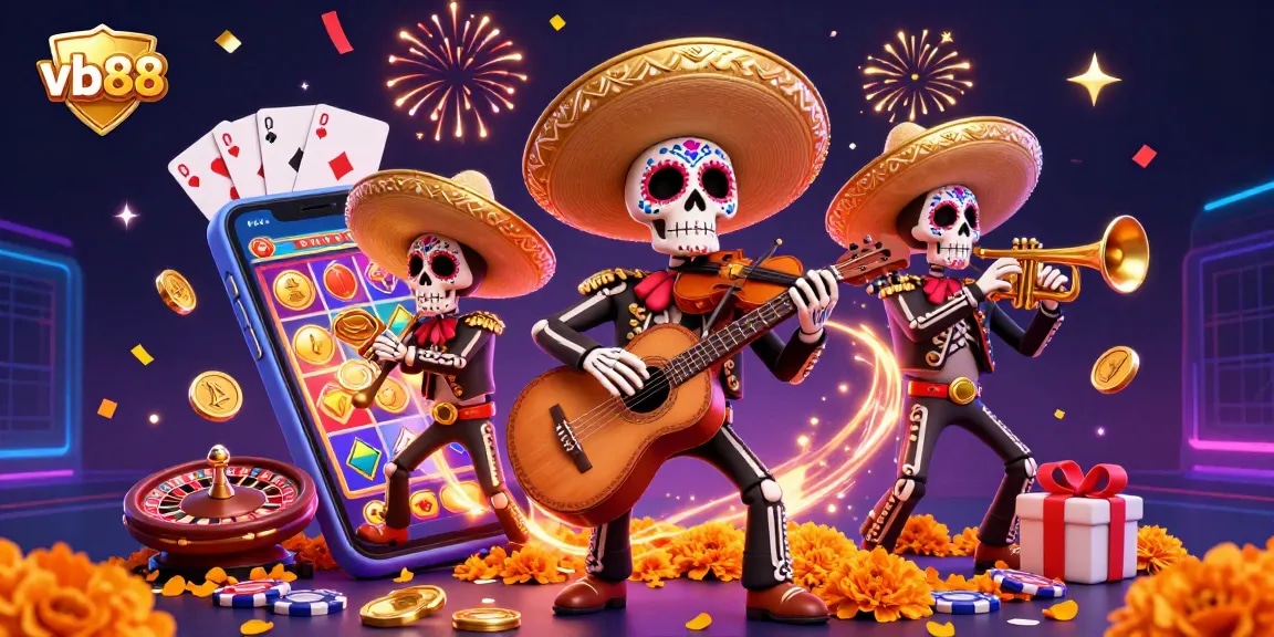 Play vibrant games with vb88 in a festive scene featuring mariachi skeletons and dynamic casino elements.