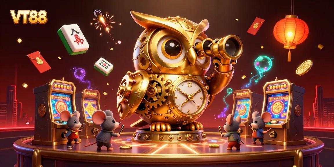 Players enjoy thrills with VT88's captivating golden owl and lively casino scene, featuring mahjong tiles and lucky coins.