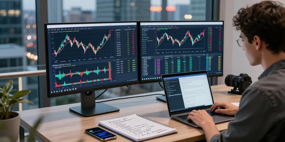 实时分析NSE交易所股票数据源的开发者在现代金融科技办公室工作，展现高效的交易环境。