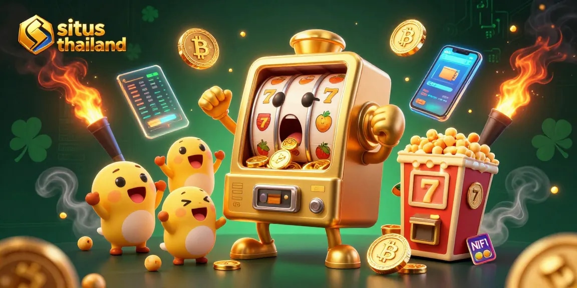 Situs Thailand showcases a vibrant casino scene with dynamic slot machines winning jackpots and celebrating.