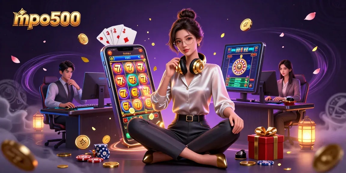 MPO500 features a stylish Asian woman gaming while surrounded by vibrant casino elements, highlighting engagement and winning potential.