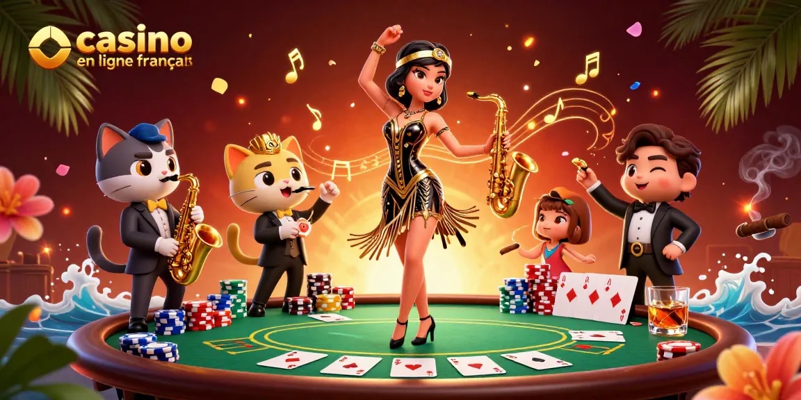 Vivez un gameplay palpitant au casino en ligne français avec une scène de casino dynamique incluant des éléments de poker.