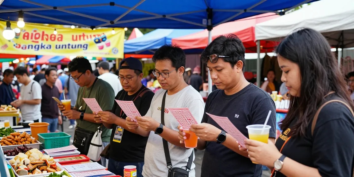 Kerumunan pemain togel membahas angka untung di pasar malam yang meriah.