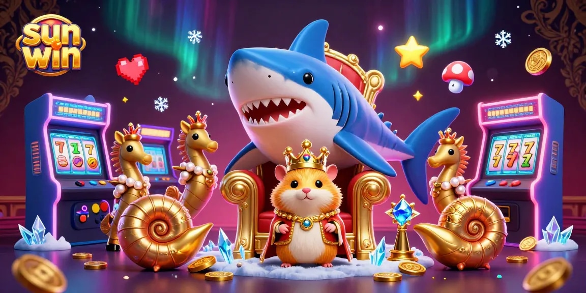 Experience the excitement of sun win with a vibrant casino-themed 3D illustration featuring a hamster king and gaming elements.