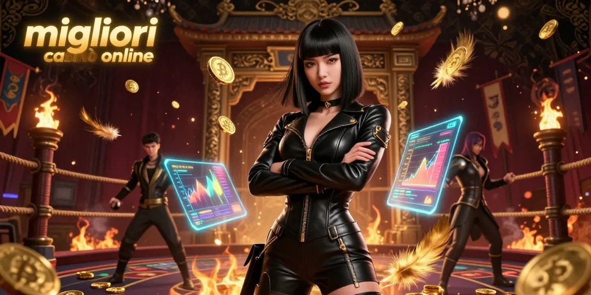 Interagisci con i migliori casinò online attraverso questa dinamica illustrazione 3D che mostra elementi innovativi del casinò e visuali vivaci.