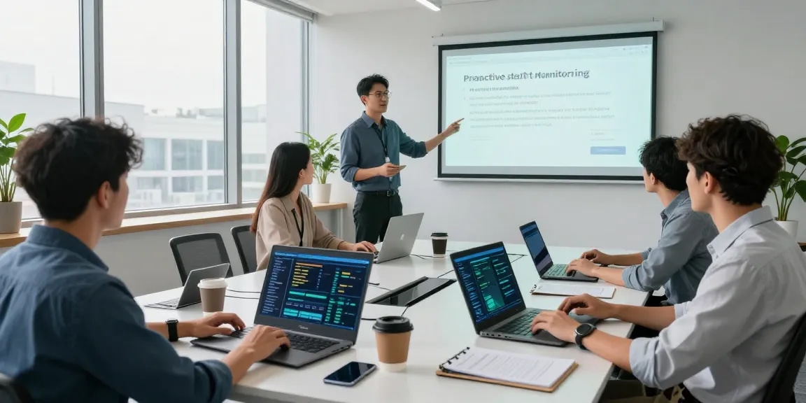 IT support for businesses team collaborating in a modern office with real-time analytics on screens.
