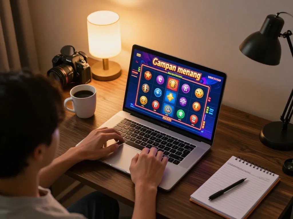 Engaged player spinning colorful online slots, showcasing excitement and potential of slot gacor gampang menang.