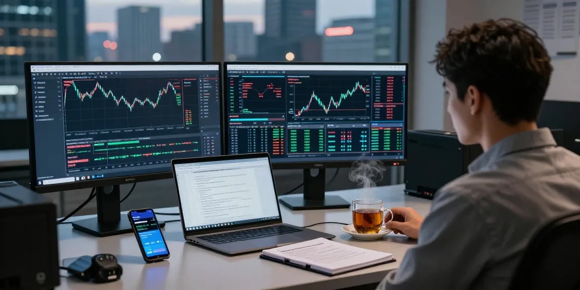 Professional forex trader using mt4 platform on multiple screens, analyzing charts and executing trades.